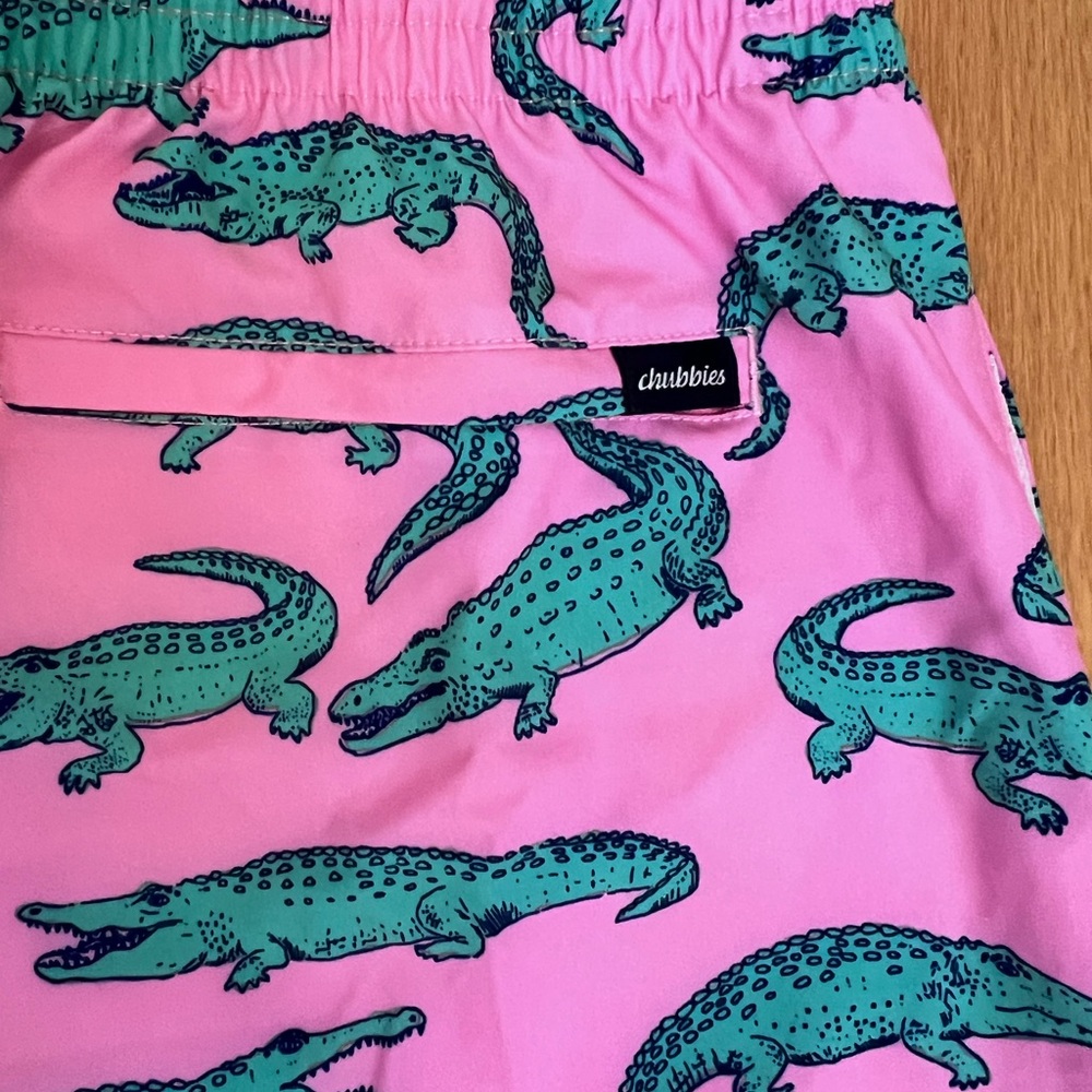 chubbies Pink Swim Shorts with Teal Alligator Print